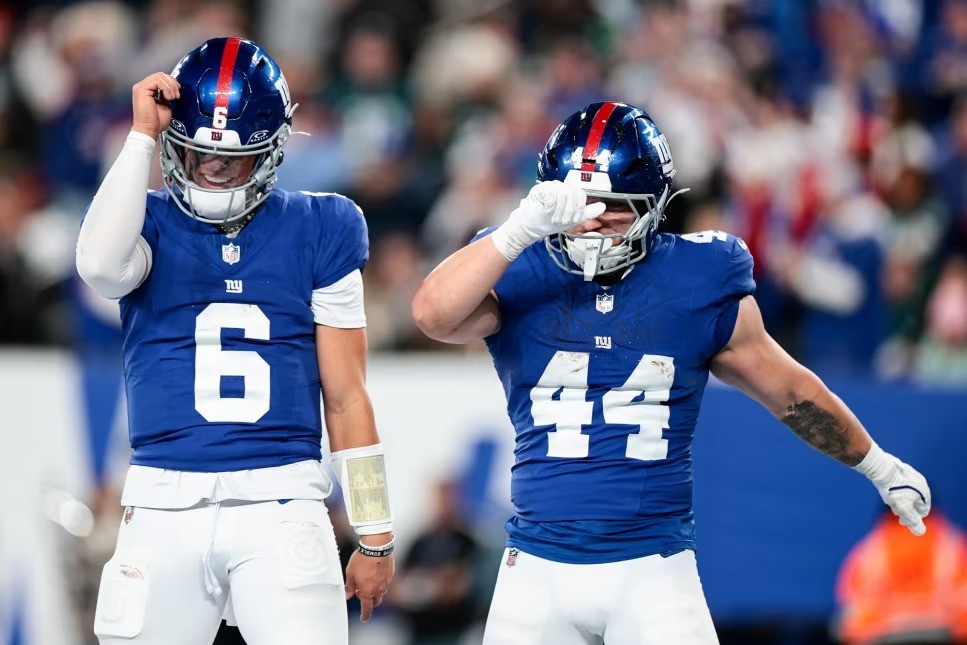 New York Giants Jaxson Dart And Cam Skattebo Of New York Giants Combined To Score Five Touchdowns In New York Historic Win Over The Philadelphia Eagles On October 10 2025