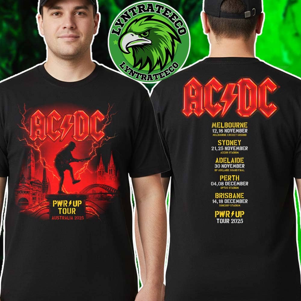 ACDC PWR UP Tour Australia 2025 Merch Tee Dates For 2025 Australian Tour Two Sided Print T-Shirt ACDC PWR UP Tour Australia 2025 Merch Tee Dates For 2025 Australian Tour Two Sided Print T-Shirt