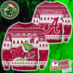 Alabama Crimson Tide NCAA x Grinch Football 2025 Knitted Ugly Christmas Sweater