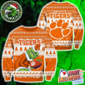 NCAA Clemson Tigers x Grinch Custome Name And Number 2025 Knitted Ugly Christmas Sweater