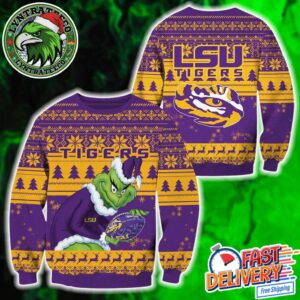 NCAA LSU Tigers Football x Grinch Holiday Christmas Xmas Ugly Christmas Sweater 2025
