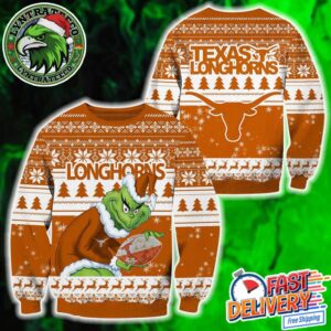 NCAA Texas Longhorns x Grinch Football Personalized Christmas 2025 Holiday Ugly Christmas Sweater
