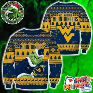 NCAA West Virginia Mountaineers x Grinch Football Personalized Christmas 2025 Holiday Ugly Christmas Sweater