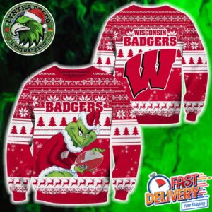 NCAA Wisconsin Badgers x Grinch Football Personalized Christmas 2025 Holiday Ugly Christmas Sweater