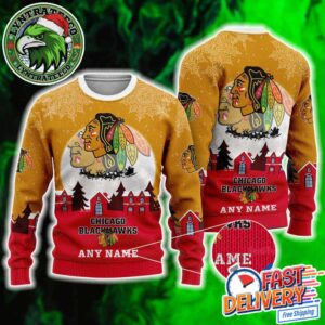 NHL Chicago Blackhawks Hockey Pattern Custome Name And Number 2025 Knitted Ugly Christmas Sweater