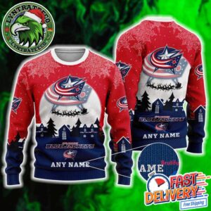NHL Columbus Blue Jackets Hockey Pattern Custome Name And Number 2025 Knitted Ugly Christmas Sweater